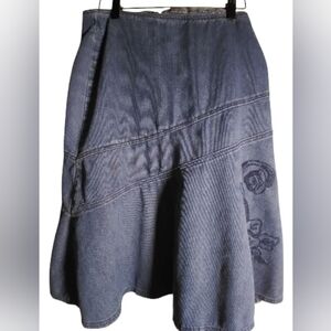 Lo Belle 97% Cotton Denim Flared Skirt Embroidery Detail Size 3 Workwear Office